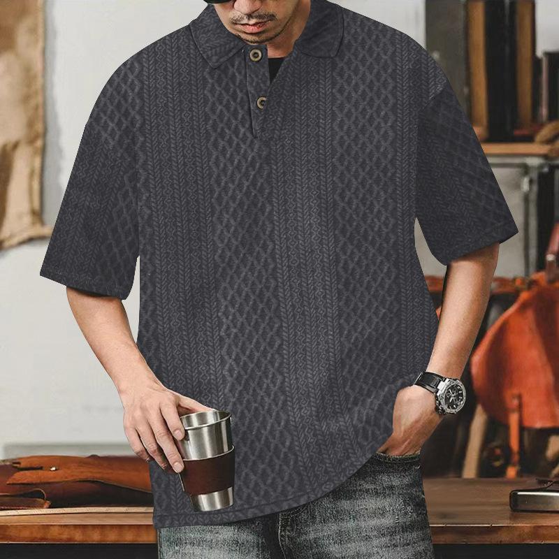 

Мужская летняя трикотажная футболка-поло с коротким рукавом, жаккардовой текстурой, оверсайз, свободного кроя, с отложным воротником, однотонная XXXL темно серый