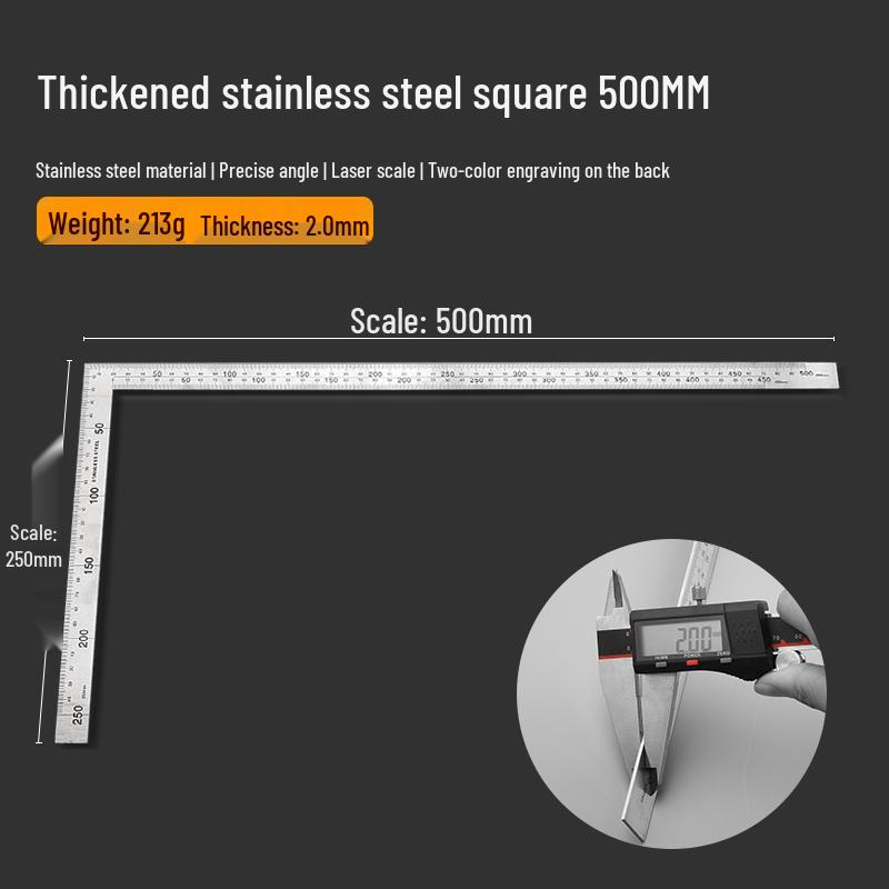 Stainless Steel Thickened L-Shaped Right Angle Ruler (90°, 300/500/600mm) for Woodworking & Decoration