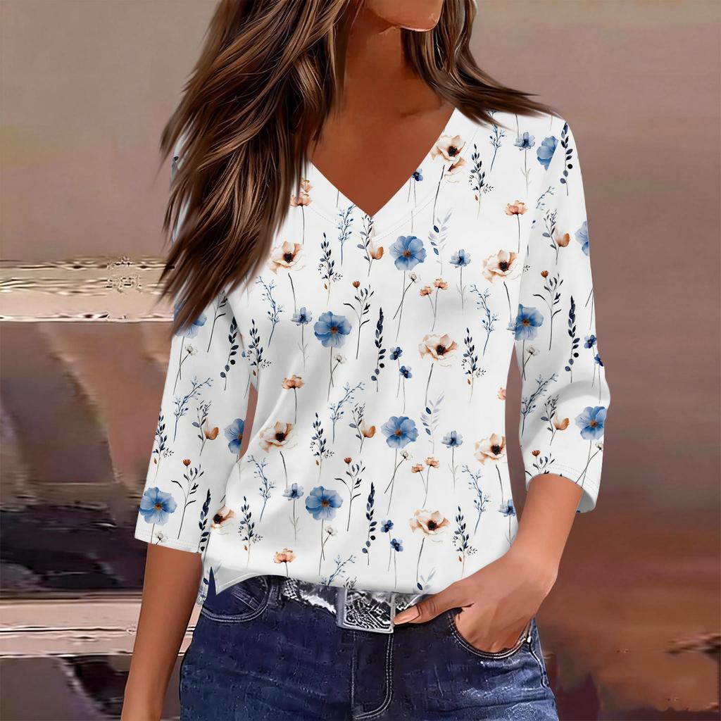Damen Casual V-Ausschnitt Bluse mit Farbverlauf Blumenprint, geteiltem Saum und 3/4-Ärmeln