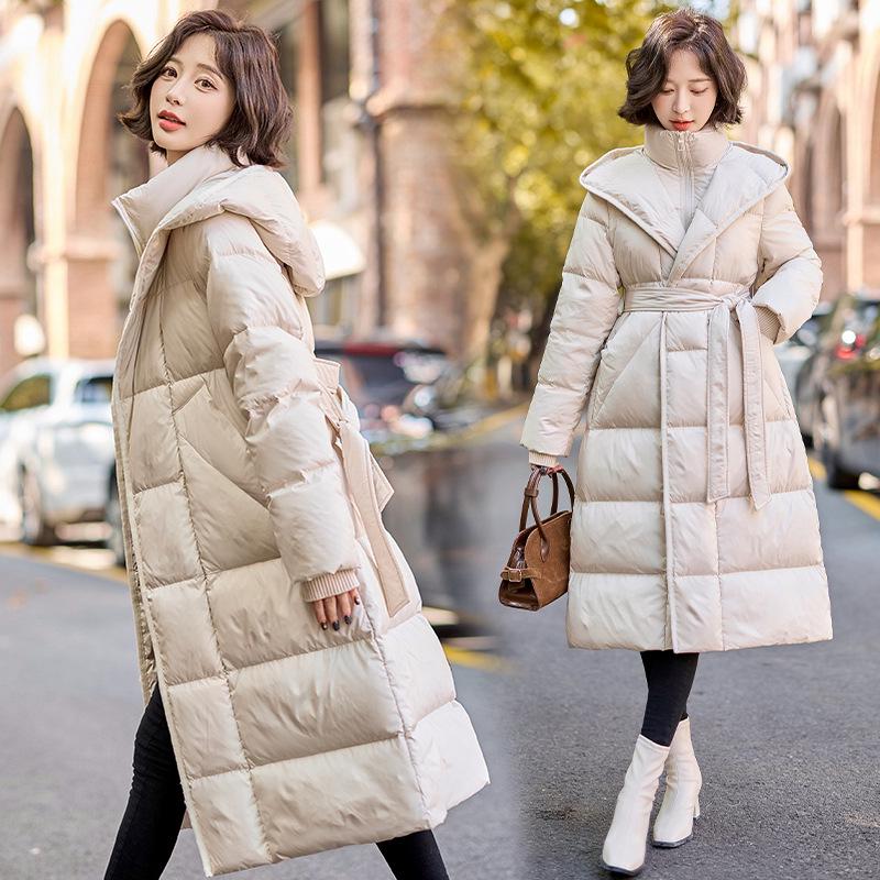 

Женский стильный пуховик 2024 года, облегающий талию, длиной выше колена L грязно-белый