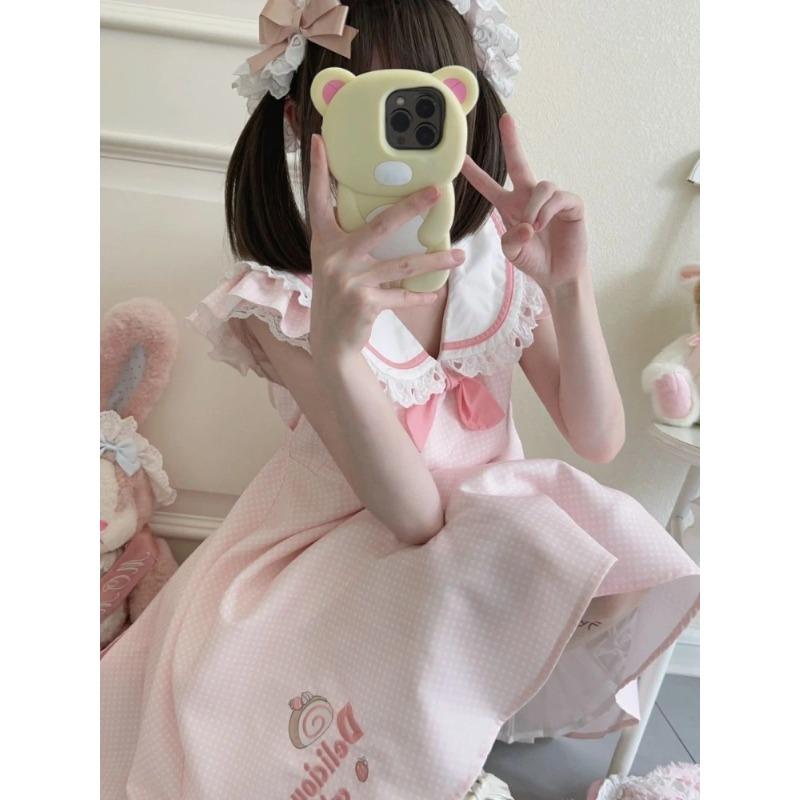 Süßes Kawaii Spitze Rosa A-Linie Midi Kleid Damen Y2k Niedliche Punkte Schleife Design V-Ausschnitt Ärmelloses Kleid 2024 Sommer Japanische Mode