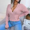 Women Autumn Winter High Waist Solid Color Pullover Sweater V Neck Hollow Bat Sleeve