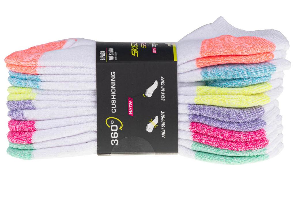Skechers 6pk Girls Full Terry No Show Med, for Girl white Socks