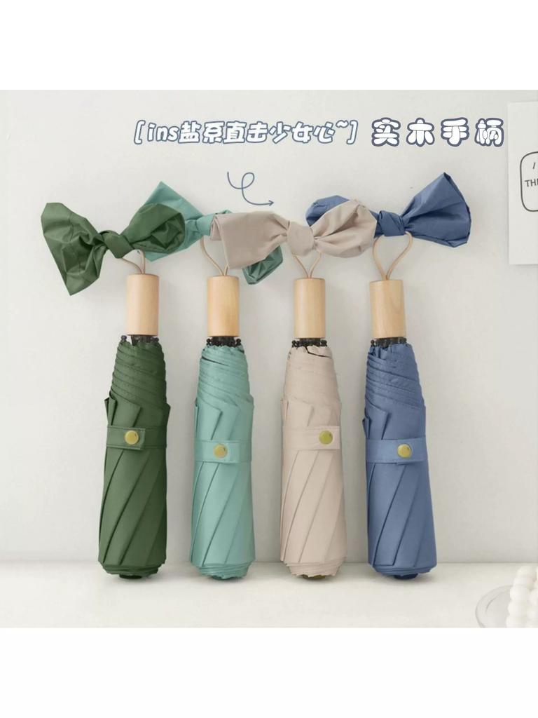 Wooden Handle Folding Sun Umbrella for Women, Dual-Use for Sun and Rain, Bowknot Folding Umbrella, Portable Sun and Rain Umbrella