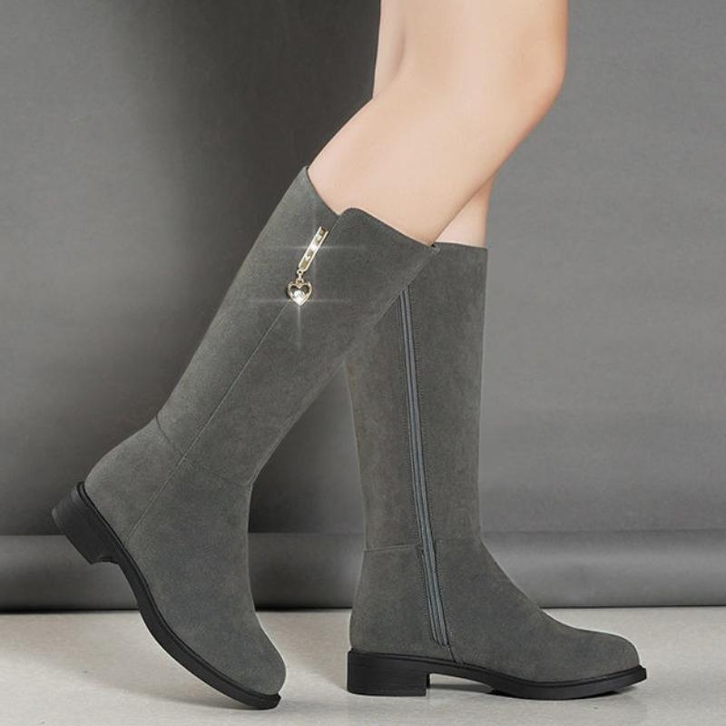 Autumn Winter Elegant with Low Heels Round Toe Rhinestone Ladies Mid Calf Shoes Comfortable Fleece-Lined Women's Half High Boots