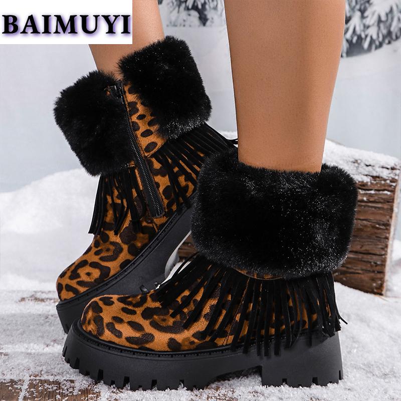 Leopard Fur Fringe Platform Women Shoes Mid Heels Snow Ankle Boots 2025 Trend Designer Warm Chelsea Boots New Pumps Mujer Botas