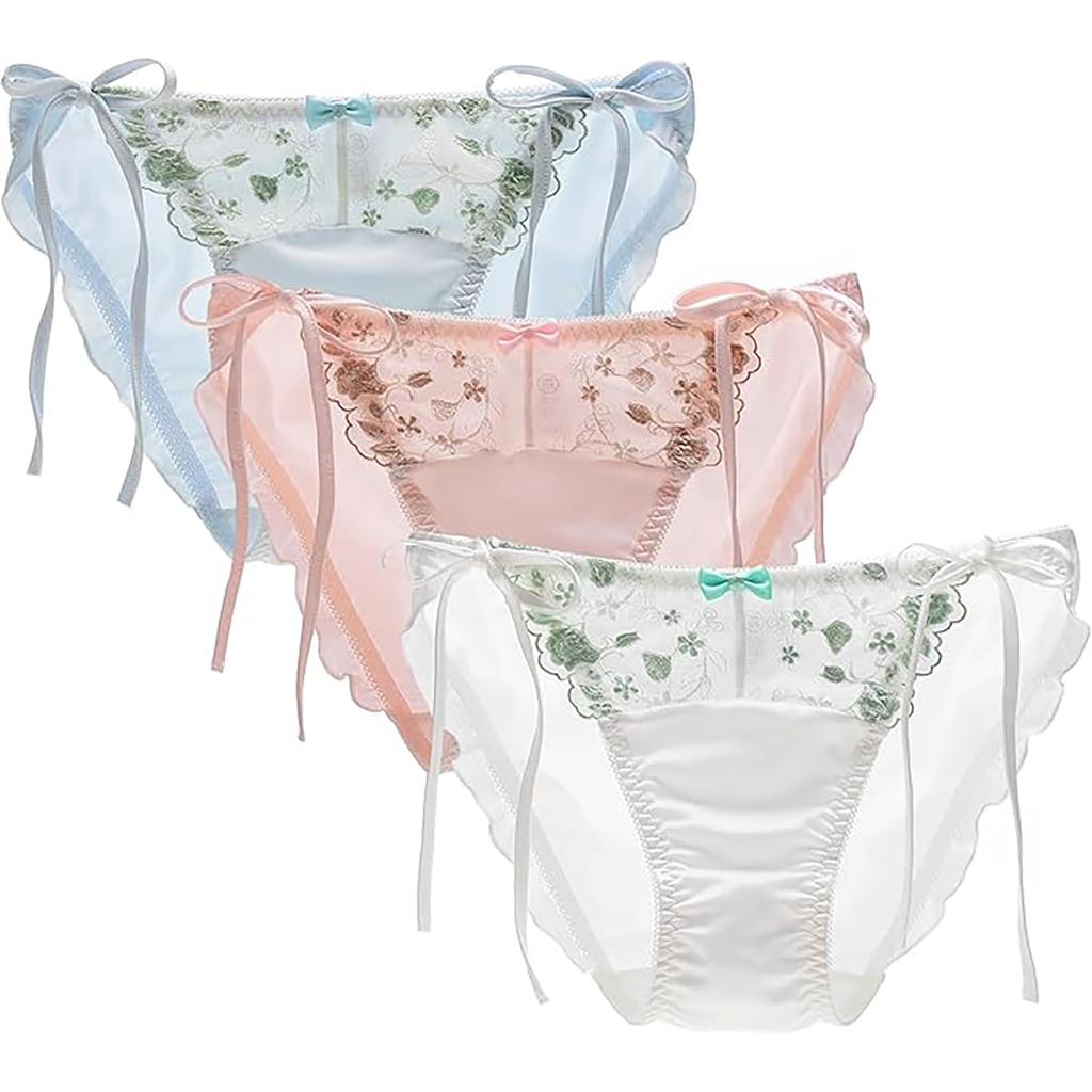 Lolita House Satin Size Milky Thick String Sexy Lace Cute Triangle Barely Sexy Cute Set of 3 Panties, M, White, Panties, Underwear, Women's Panties,