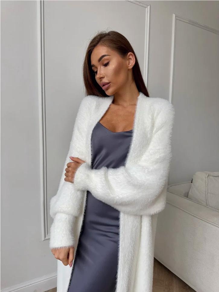 Women's Fluffy Faux Mink Knit Cardigan Coat - White, Autumn/Winter Loose Fit