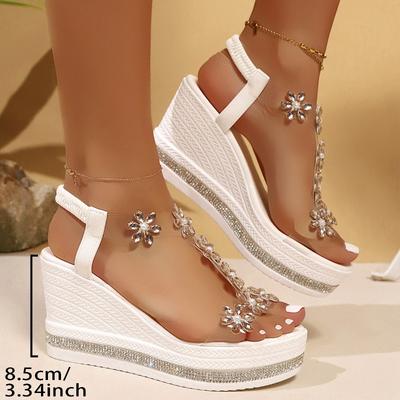 Sandali con Zeppa Taglie Forti da Donna, Fascia Elastica con Dettagli Floreali di Strass, Suola Spessa Piattaforma Calzature Casual