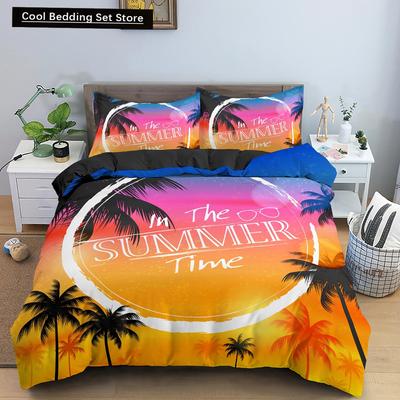 Tropische Kokospalme Königin König Bettbezug Hawaii Küsten Sonnenuntergang Bettwäsche-Set Sonnenaufgang Pflanze 2/3-teilig Polyester Bettdeckenbezug