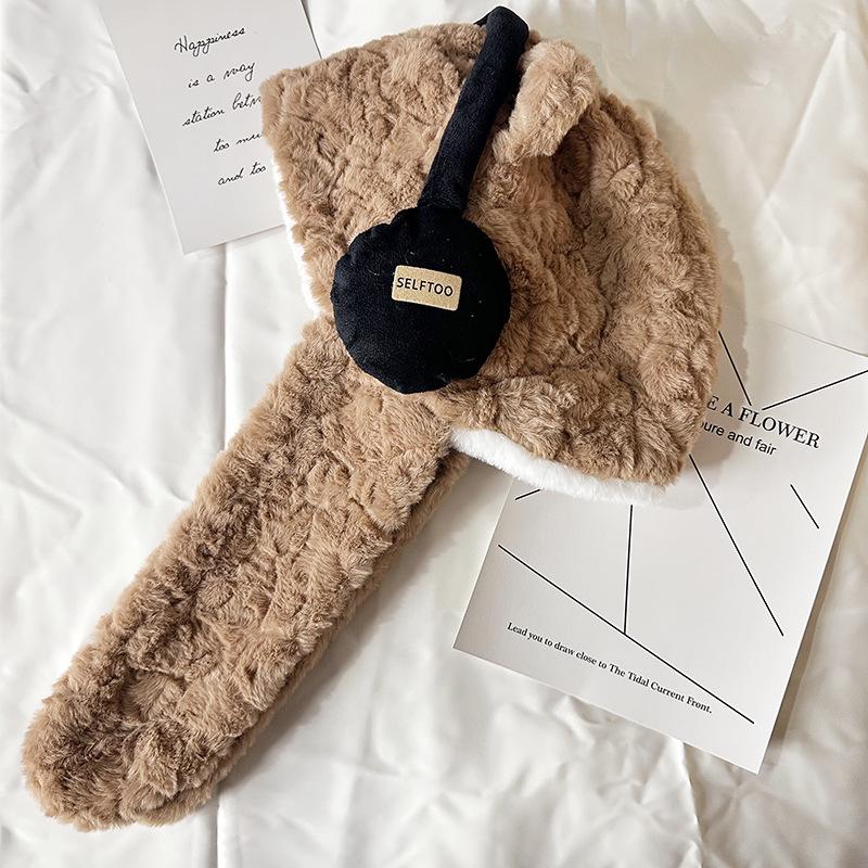 Women's Bear Earphones Hat: Warm Hooded Scarf with Plush Ear and Neck Protection for Autumn/Winter