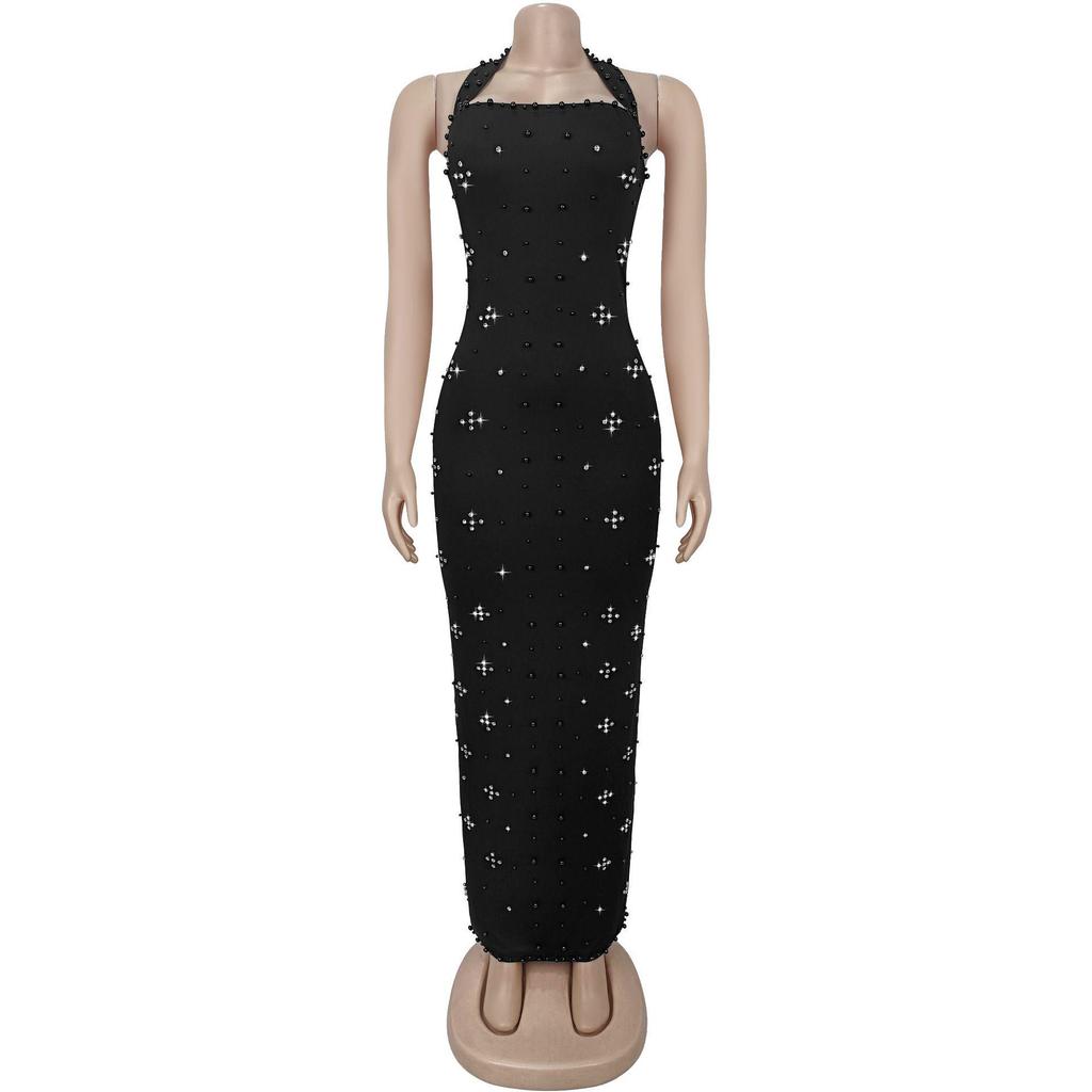 C7480 Fashion Women's Halter Rhinestone Beaded Bodycon Dress - Europe & America Style