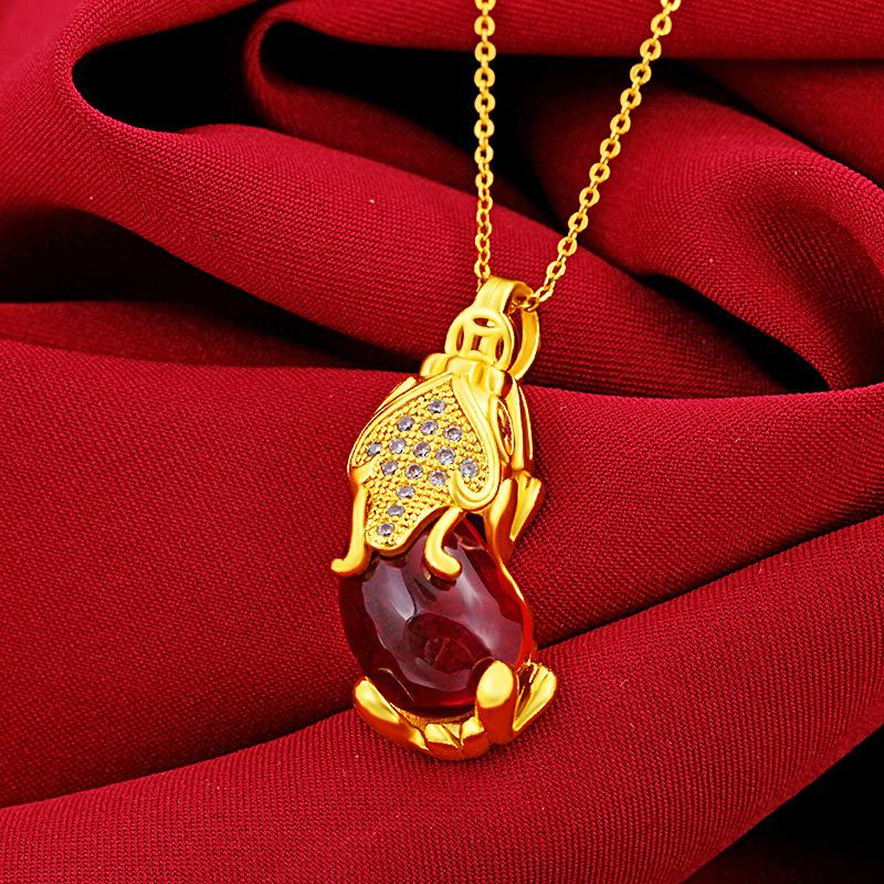 Vietnamese Gold-Plated Brass Jewelry Set with Red Corundum Gemstone: Pixiu Ring, Bracelet, and Necklace.