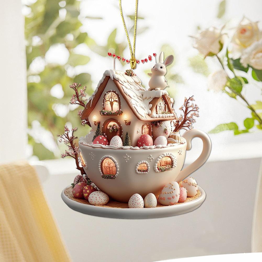 3/5pcs Easter Acrylic Bunny Ornament Pendant 2D Flat Rabbit Hanging Pendants Coffee Cup House Pendant Party Decoration