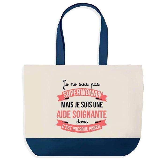 Tote bag - PLANETEE - Aide Soignante Superwoman - fond bleu - coton 40x45 cm - fabriqué en France