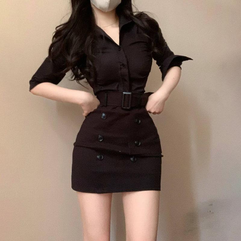 Korean Style Waist-Cinching Shirt & High-Waisted Hip-Hugging Skirt Set for Spring/Summer