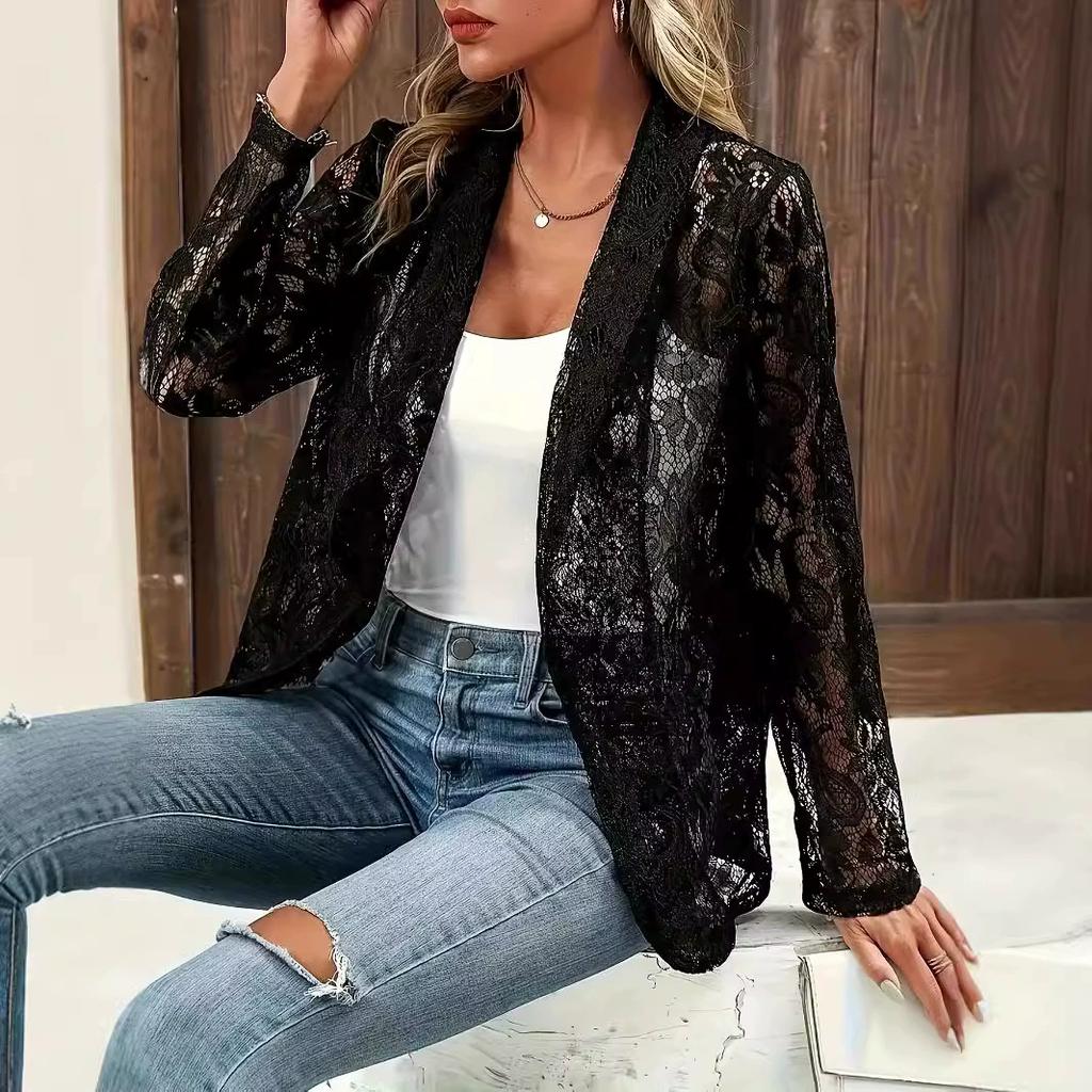 Summer White Lace Hollow Out Women's Coat Solid Open Stitch Blazers Outdoor Business Jackets Lightweight Office Ladies Coats
