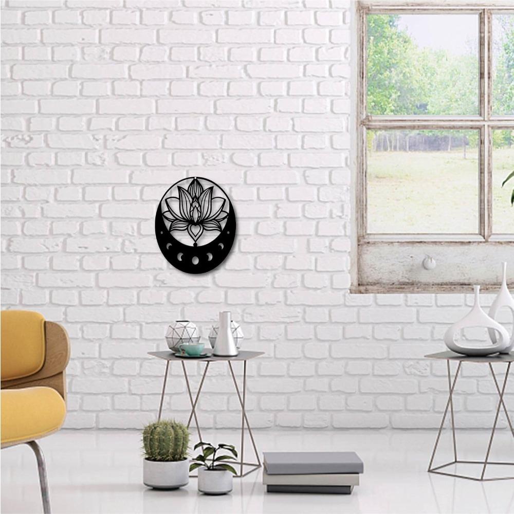 Lotus Metal Wall Art Moon Flower Sculpture Iron Sign Home Decor Black 12x10 Inch