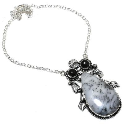 Colar de prata esterlina 925 com pedra preciosa dendrítica natural, opala, ônix, 18" C8r62