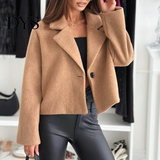 Short Style Jacket Women Woolen Turn-down Collar Solid Color Single Button Closure Coat Loose Fall Type Thermal Long Sleeved Commuting Dating