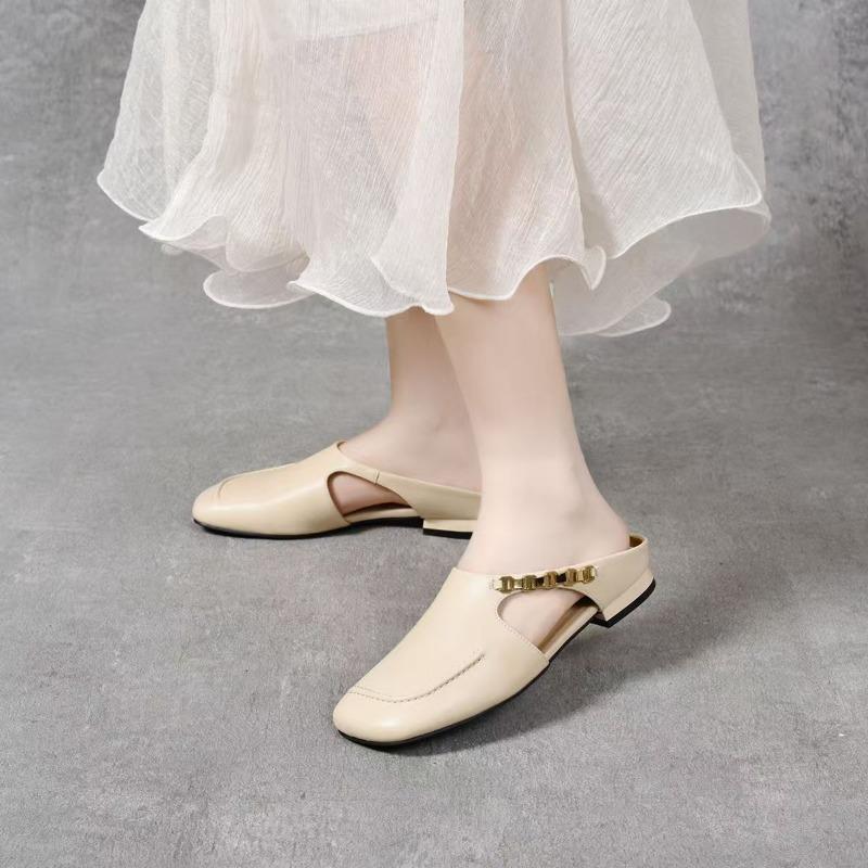 Versatile square head half slippers women wear new summer bag head lazy flat bottom one pedal Boken cool slippers