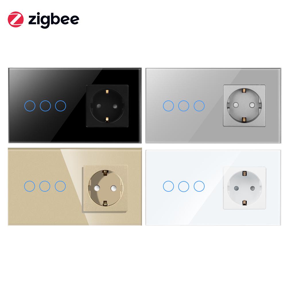 Bingoelec WiFi and Zigbee Compatible 1 Gang 1 Way LED Wall Switch with Germany Version Socket and Glass Panel