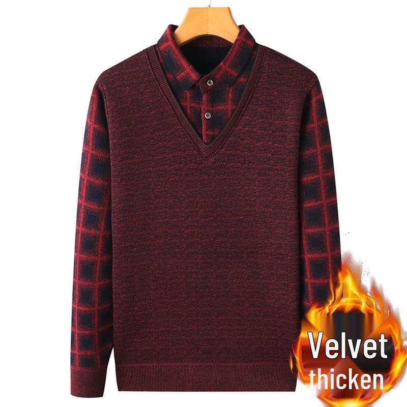 Middle-aged & Elderly Men's Thickened Velvet Knit Sweater Faux Two-Piece