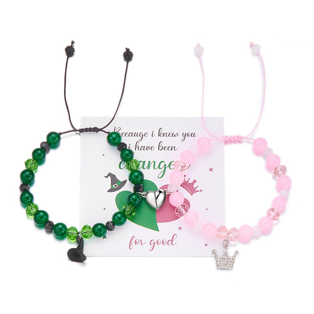 2pcs Magic Stick Hat Crown Matching Bracelets for Women Sweet Pink Green Bead Handmade Stretch Bracelet BFF Jewelry Gifts
