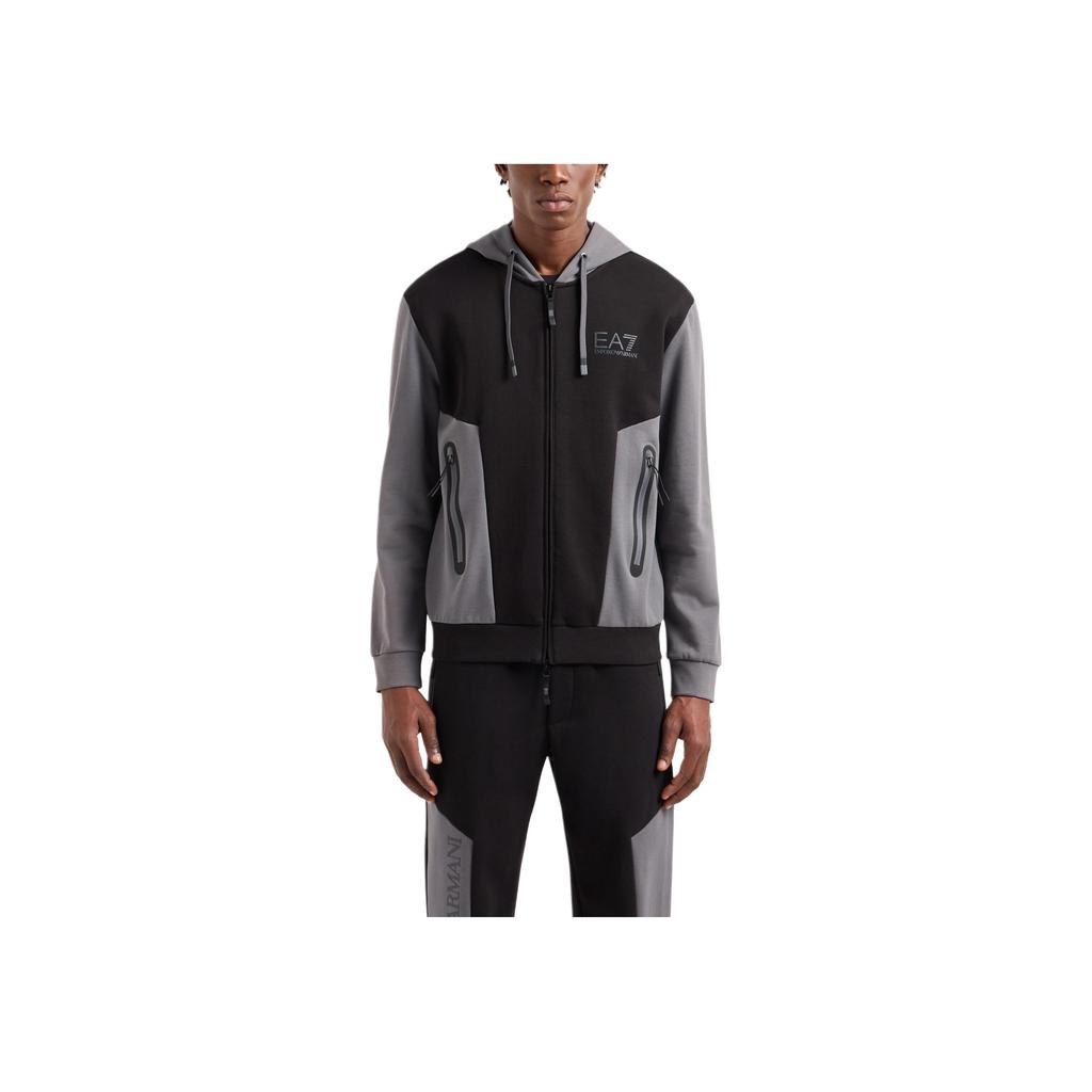 Emporio Armani EA7 FW24 Logo Letter Zipper Pocket Hooded Long Sleeve Sweatshirt Men Sweatshirt Black 6DPM34-PJVTZ-1200
