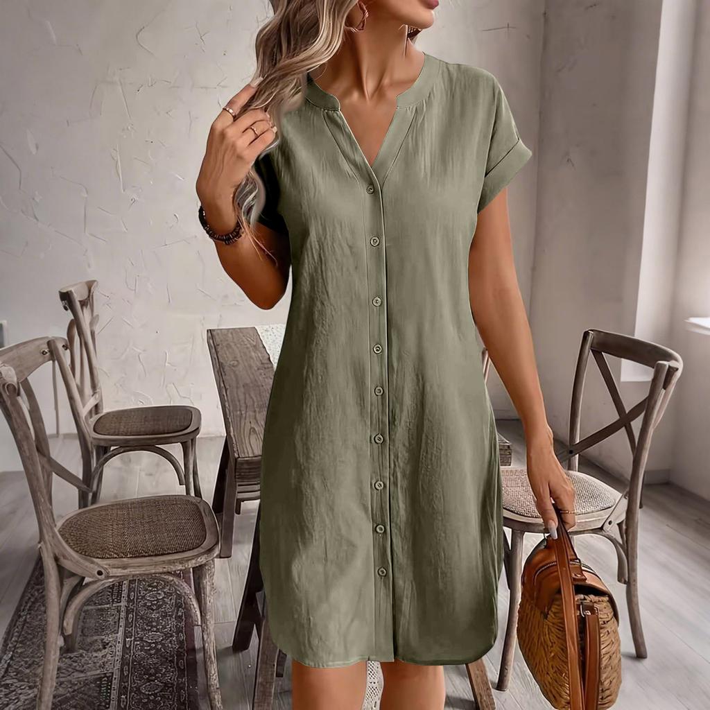 Women Casual Linen Cotton V Neck Short Sleeve Button Front Loose Fit Dress Lightweight Summer Tunic Dress with Pockets