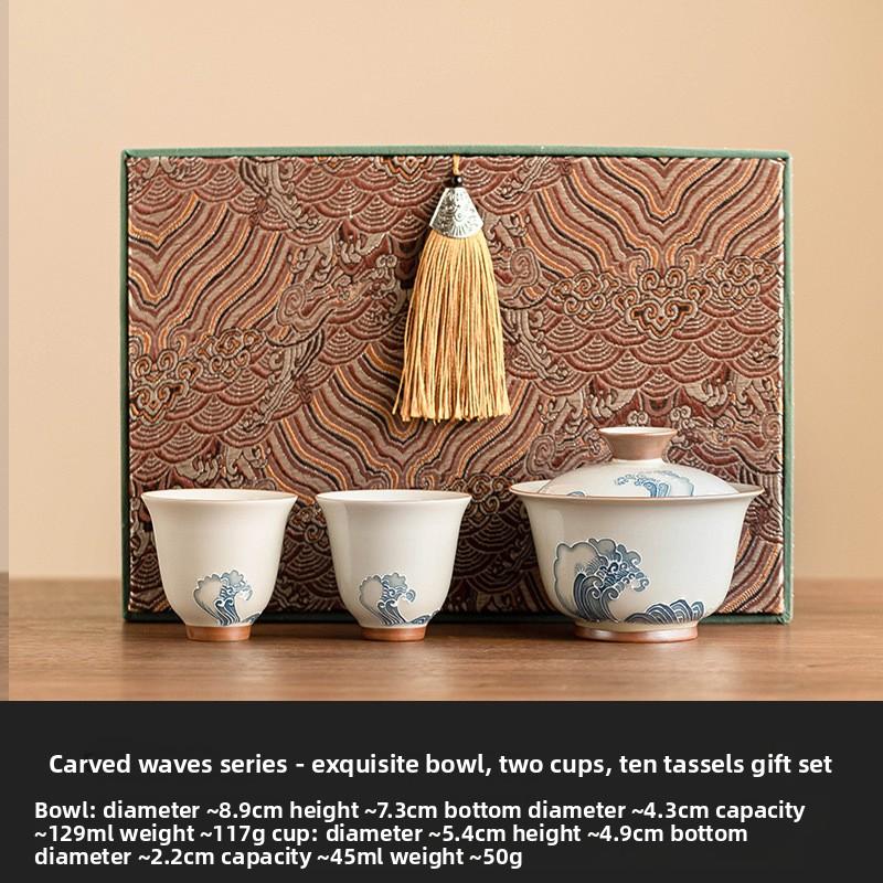 Hand Painted Ceramic Gongfu Tea Gaiwan Stack Carving Wave Design Covered Bowl for Chinese Tea Ceremony