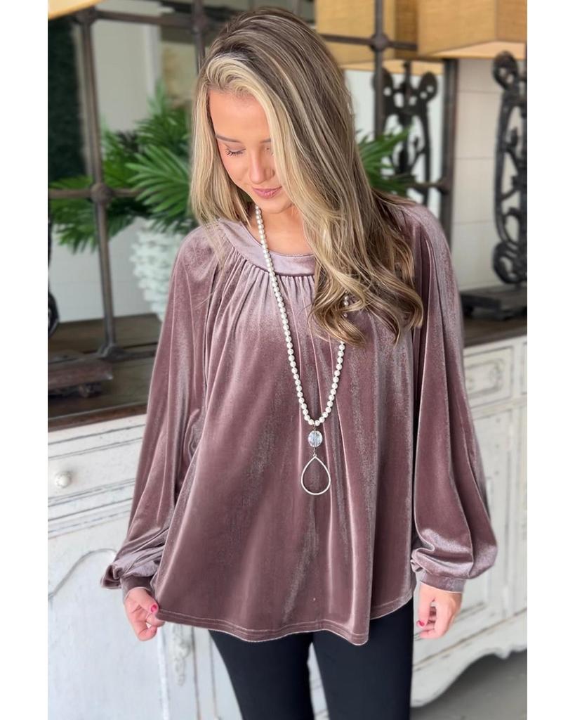 Azura Exchange Rose Tan Button Keyhole Back Velvet Swing Top