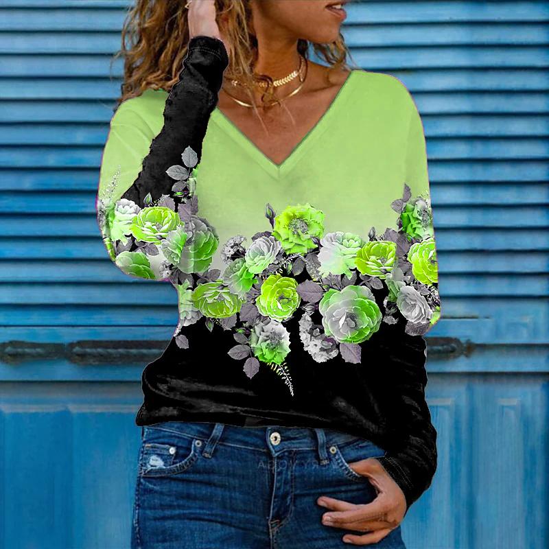 Градиентный розовый принт женские футболки женские топы с длинным рукавом V-образный — фото 8