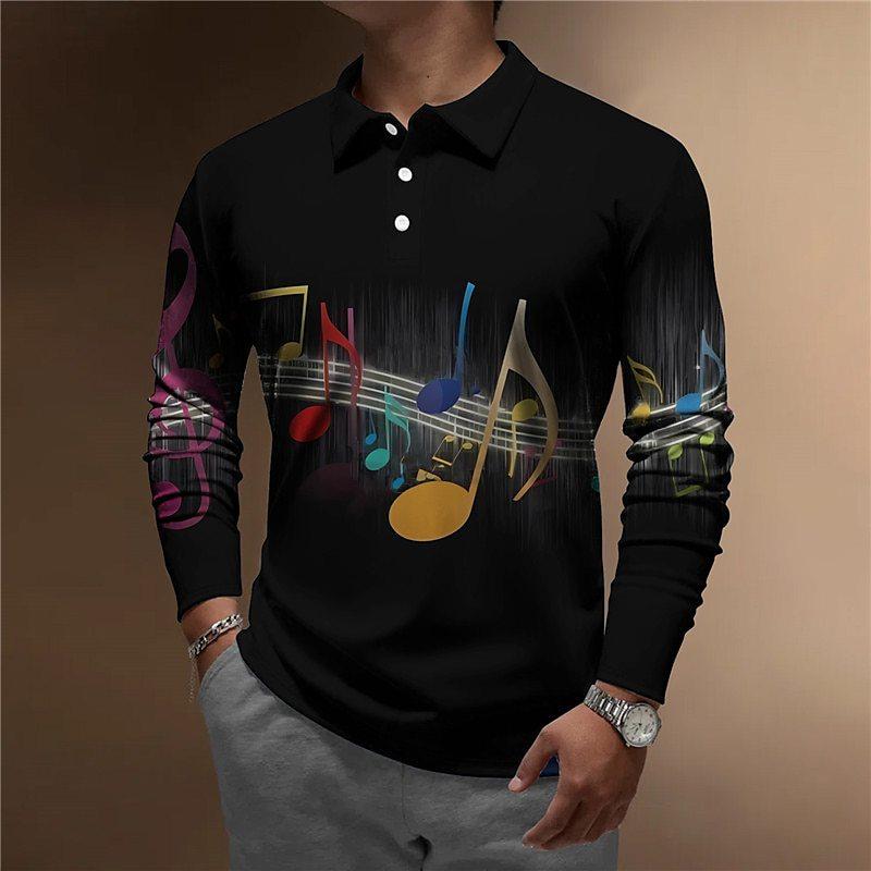 Polo a Maniche Lunghe con Stampa Note Musicali & Tasti di Pianoforte, Abbigliamento Casual alla Moda