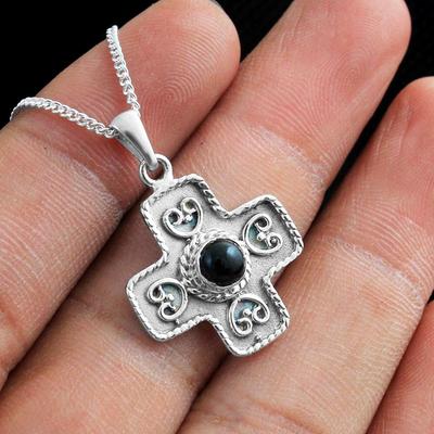 Schwarzer Onyx Anhänger mit Kette Reines 925 Sterling Silber Handgefertigter Schmuck