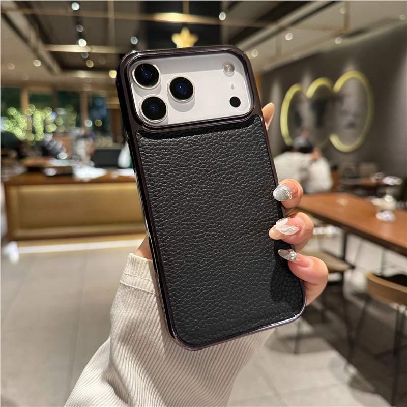 Lychee Pattern Electroplated Drop-Proof Case for iPhone 15/16/17 Pro Max iPhone 17 чёрный