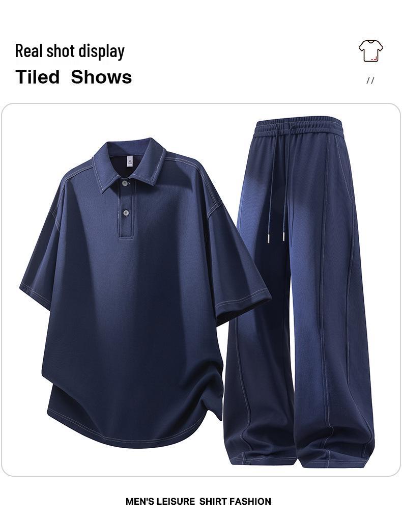 Men's Trendy Plus Size Polo Shirt & Long Pants Two-Piece Set - Casual & Versatile Short Sleeve Tee Sports Outfit