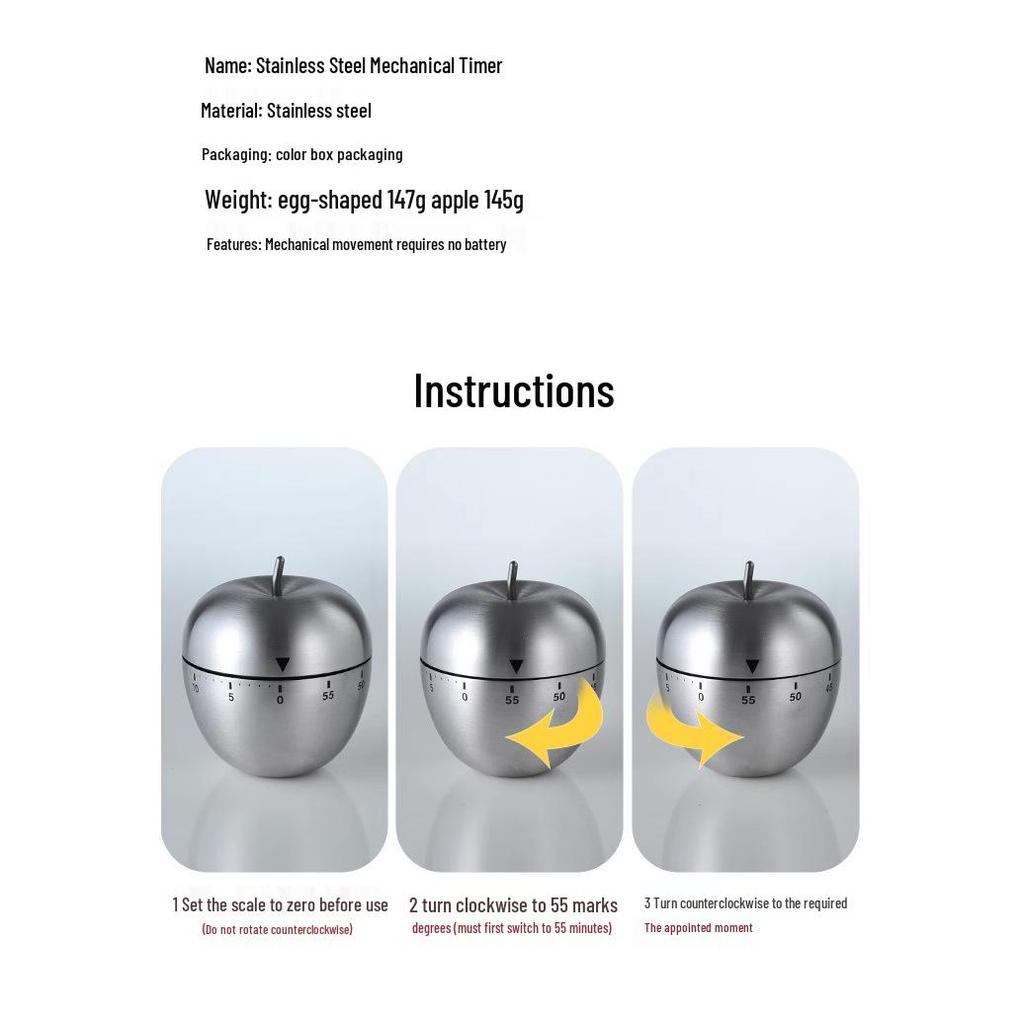 Stainless Steel Apple Kitchen Timer for Cooking and Baking