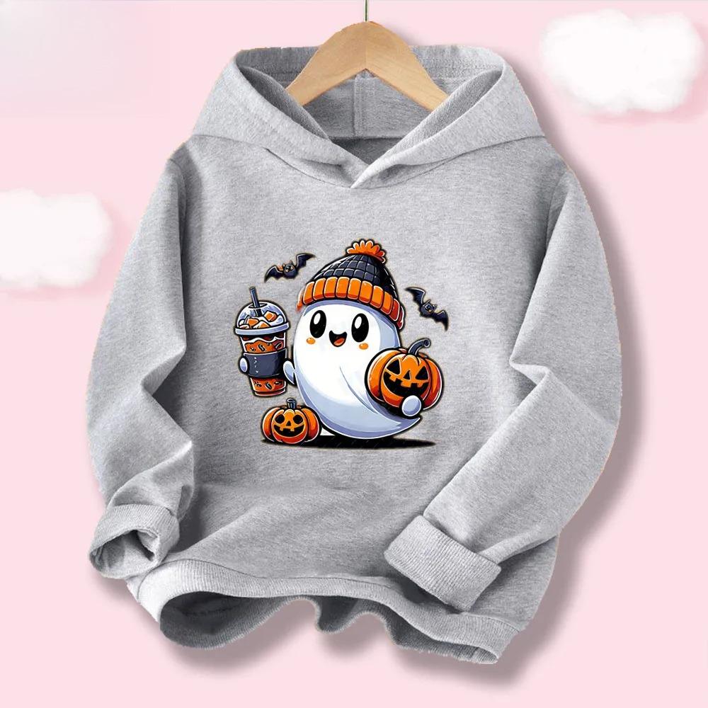 Halloween Kawaii Pumpkin Cartoon Print Children Hooded Sweatshirt Boy Girl Autumn Winter Daily Outdoor Casual Warm Sportswear