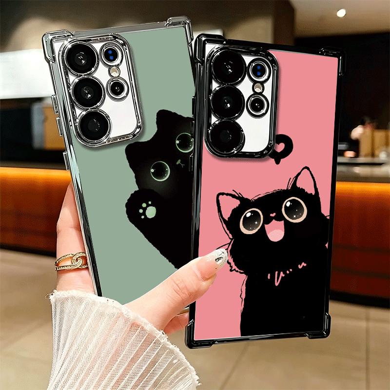 Black Cat Cartoon Cute Plating Phone Case For Samsung Galaxy S24 S25 FE S26 Edge S23 Ultra S22 S21 Plus S20 Anti-Fall Airabag Co