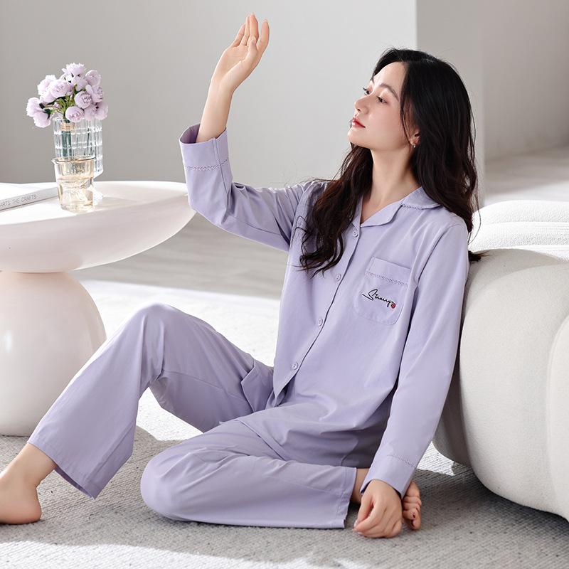 Pull Frame Cotton Pure Cotton Pajamas Women'S Long-Sleeved Simple Outer Wear Loungewear Set