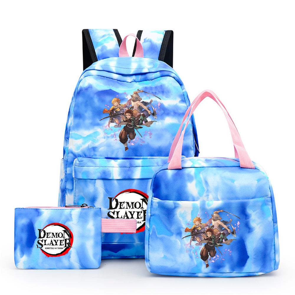 3Pcs/set Anime Demon Slayer Printed Backpack with Lunch Bag Pencil Case for Teenager Waterproof Bookbag Travel Bag Gift