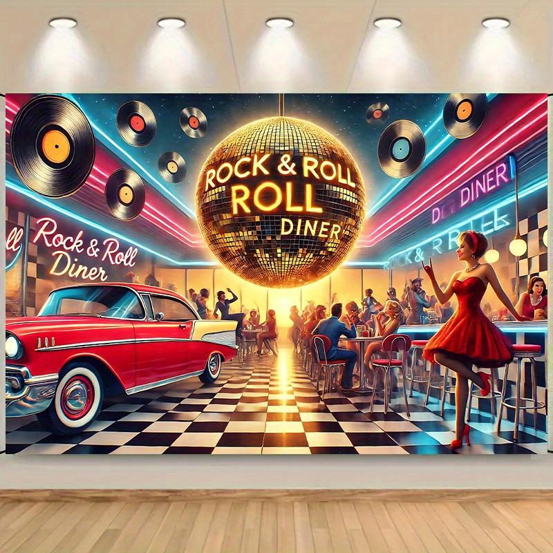 1 Piece of 2D Flat Banner  Mini Rock Theme 2D Background  Neon Lights Vintage Cars and Vinyl Records Design
