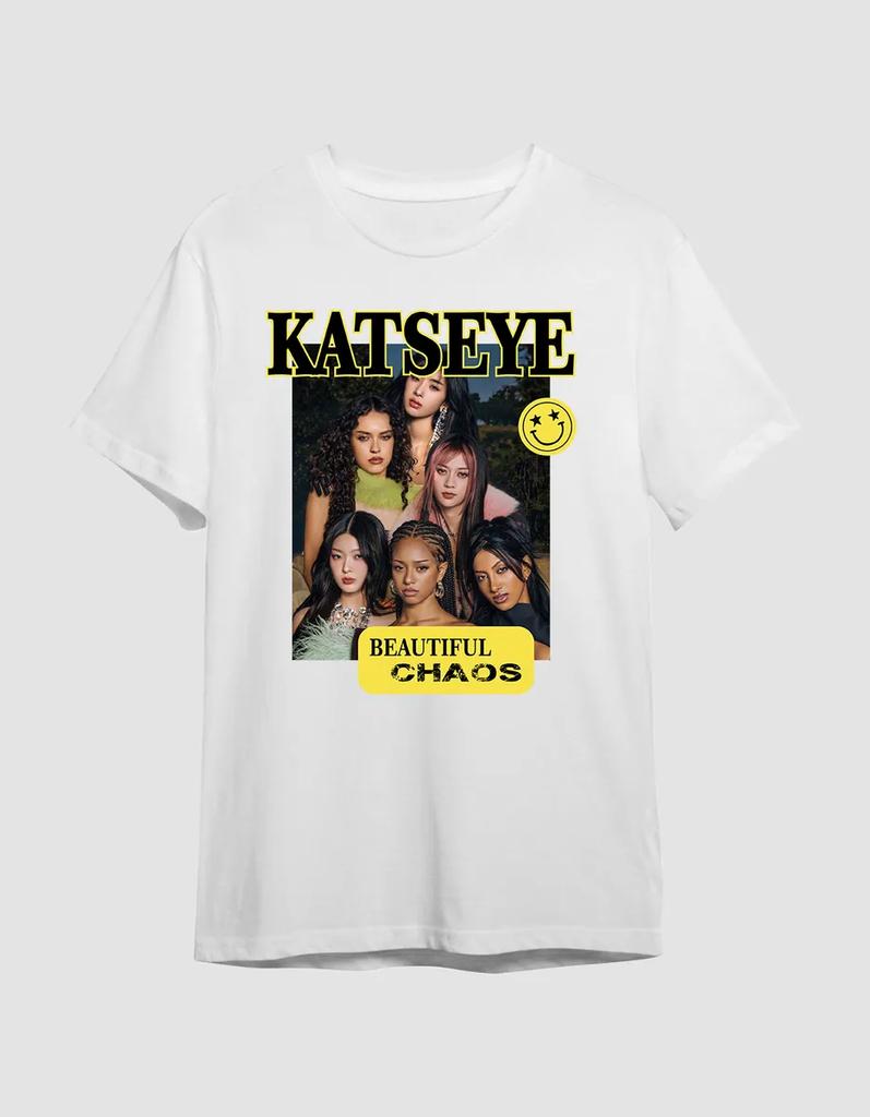 Retro Katseye Beautiful Chaos T-shirts Kpop Tee Woman and Man Oversized Tee Graphic Short Sleeve T-Shirt Unisex Men Women Summer