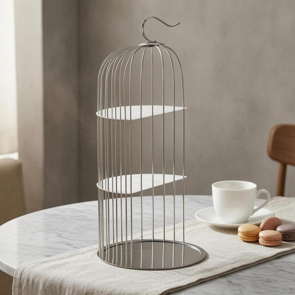 Birdcage Pastry Stand Stainless Steel Three-Tier Curved Top Hook
