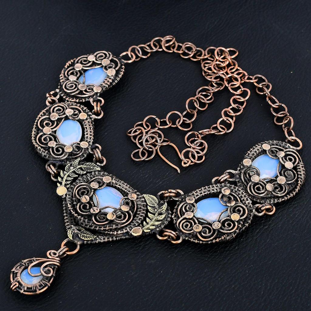 Milky Opal Necklace Gemstone Jewelry, 999 Copper Wire Wrapped Adjustable Chain Necklace, Gift For Women Handmade Necklace