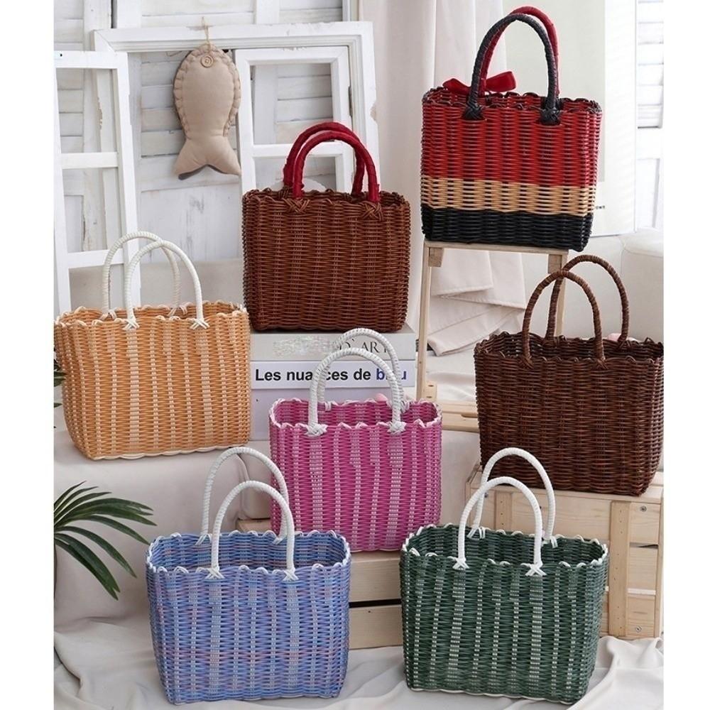 Rattan Woven Handmade Wicker Shopping Basket Multicolors PVC Home Vegetable Fruit Packing 24*14*18cm