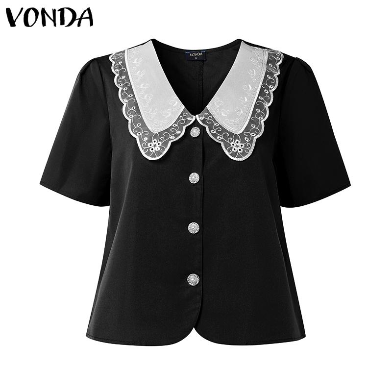 

VONDA Women Lace Doll Collar Patchwork Casual Short Blouse S чорний