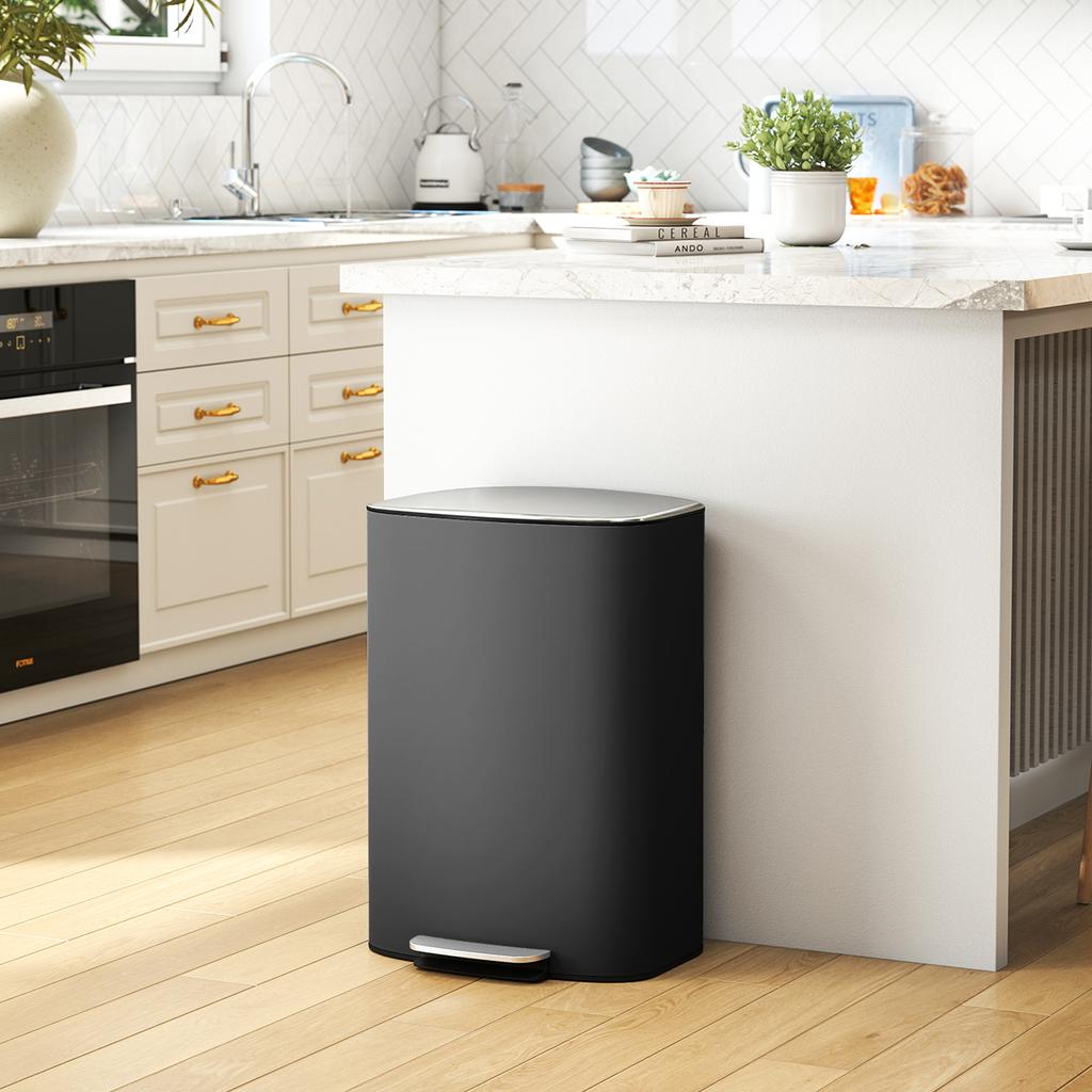Trash Can Kitchen 50 Liter Pedal Bin with Stay-Open Function, Soft-Close Lid, Pedal, Black