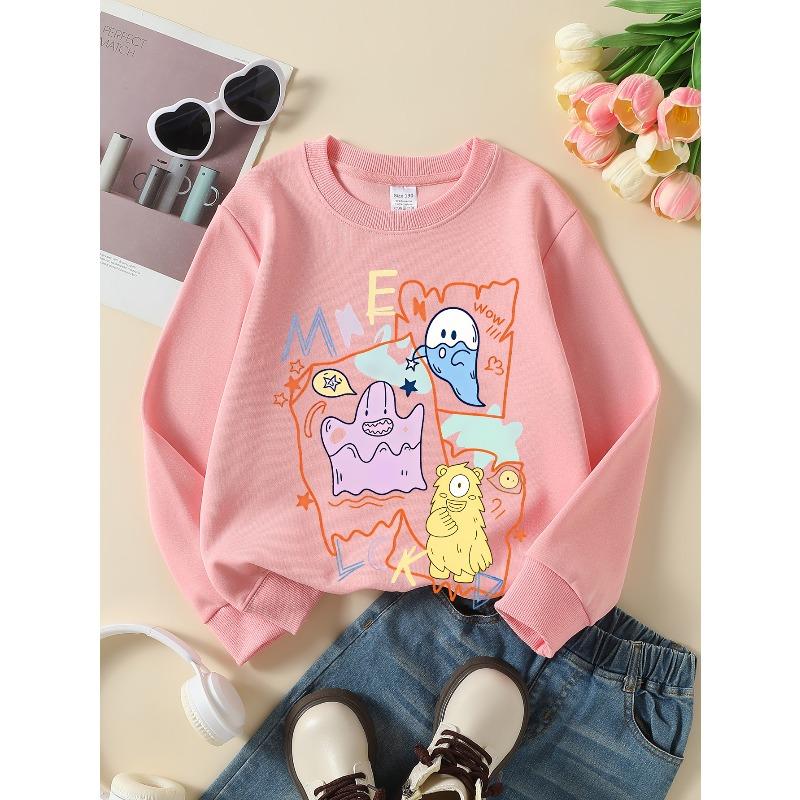 Kids Crewneck Sweatshirt, Cute Cartoon Ghost Monster Creative Print,Daily Casual Top for Spring & Autumn